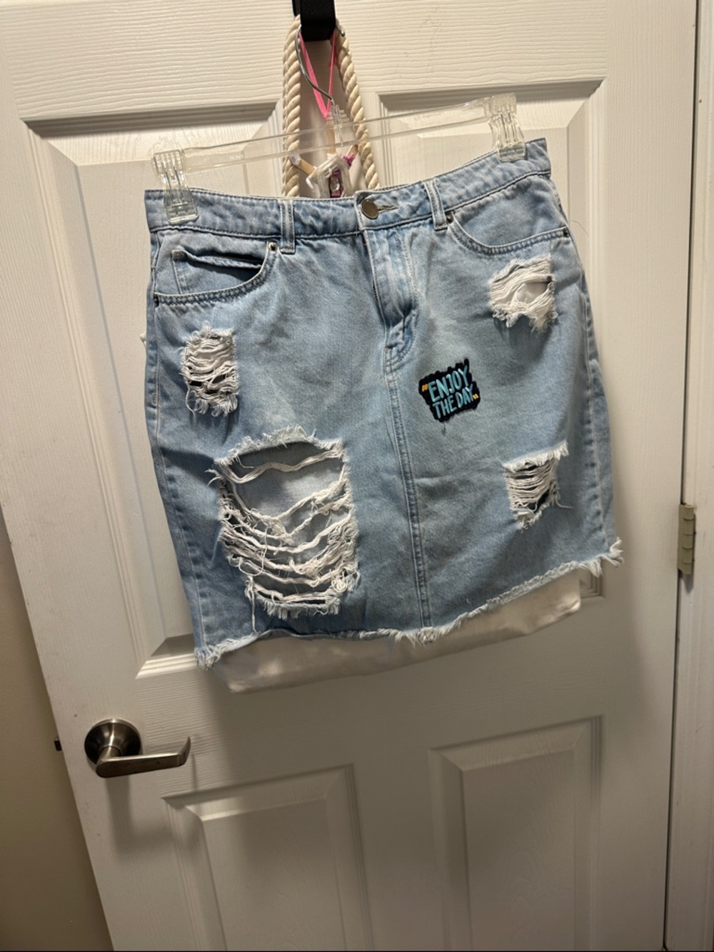 Light Blue Distressed Denim Mini Skirt with 'Enjoy The Day' Patch